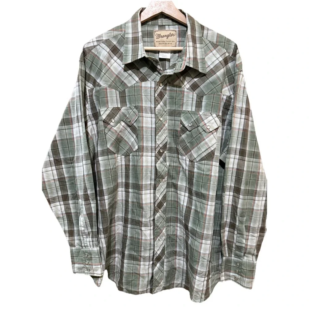 Wrangler Wrancher Pearl Snap Shirt Men's Size XXL Green/Tan Plaid Cotton Vintage
